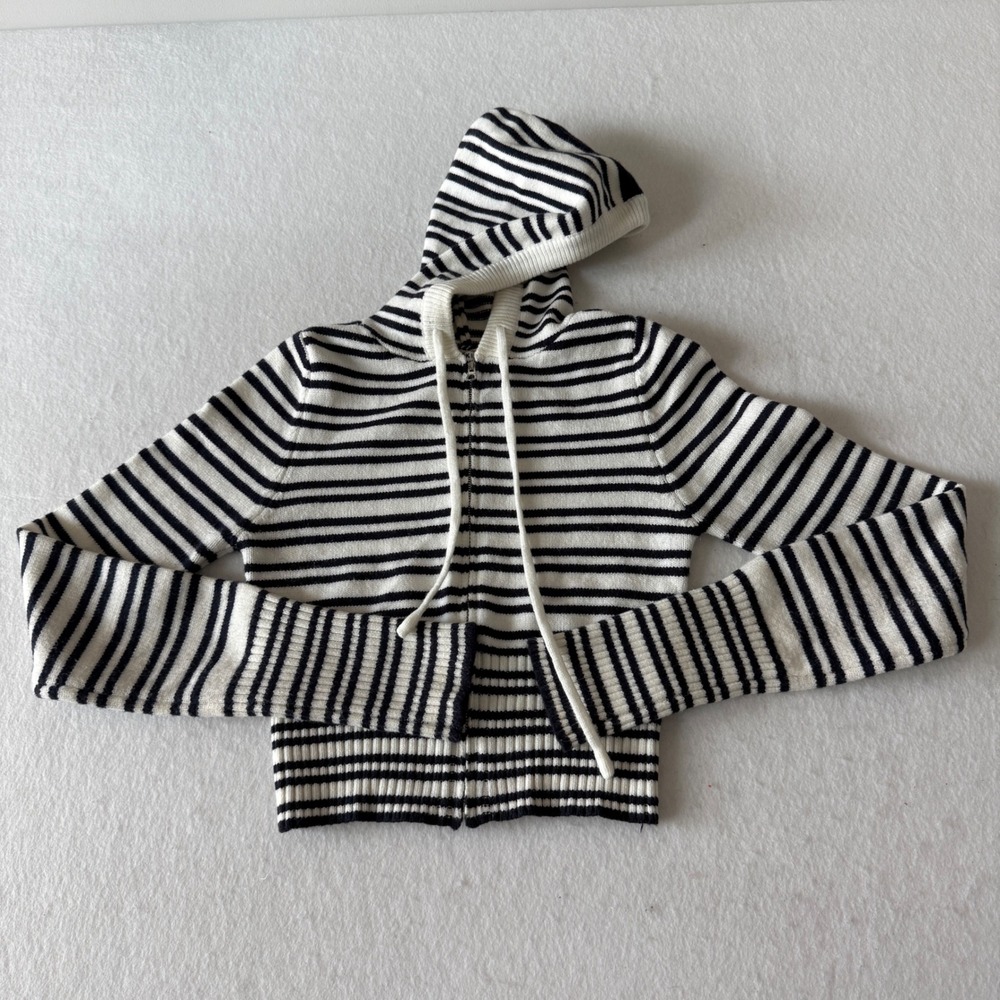 Frankies Bikinis Striped Ribbed Knit Zip Up Sweater Hoodie Women M Navy White